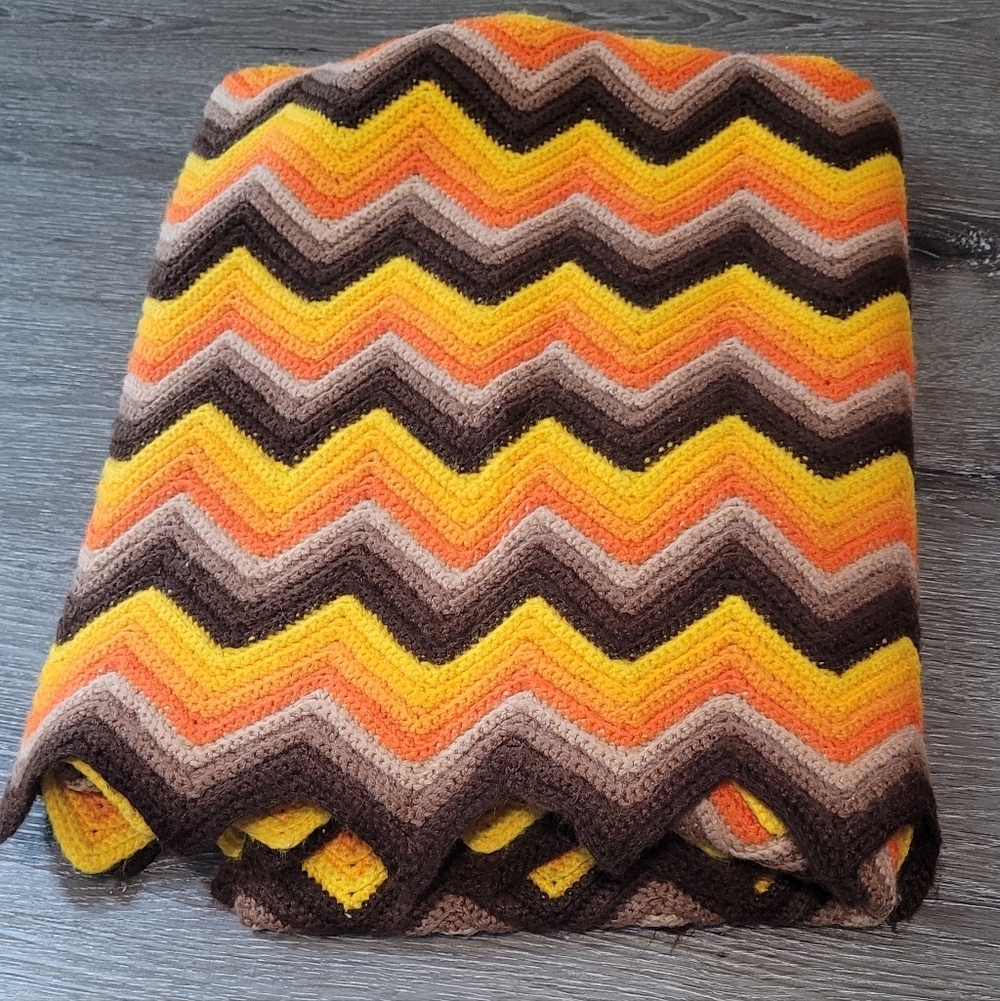 Vintage Afghan Crochet Throw Roseanne Handmade Orange Yellow Brown 40 x 71